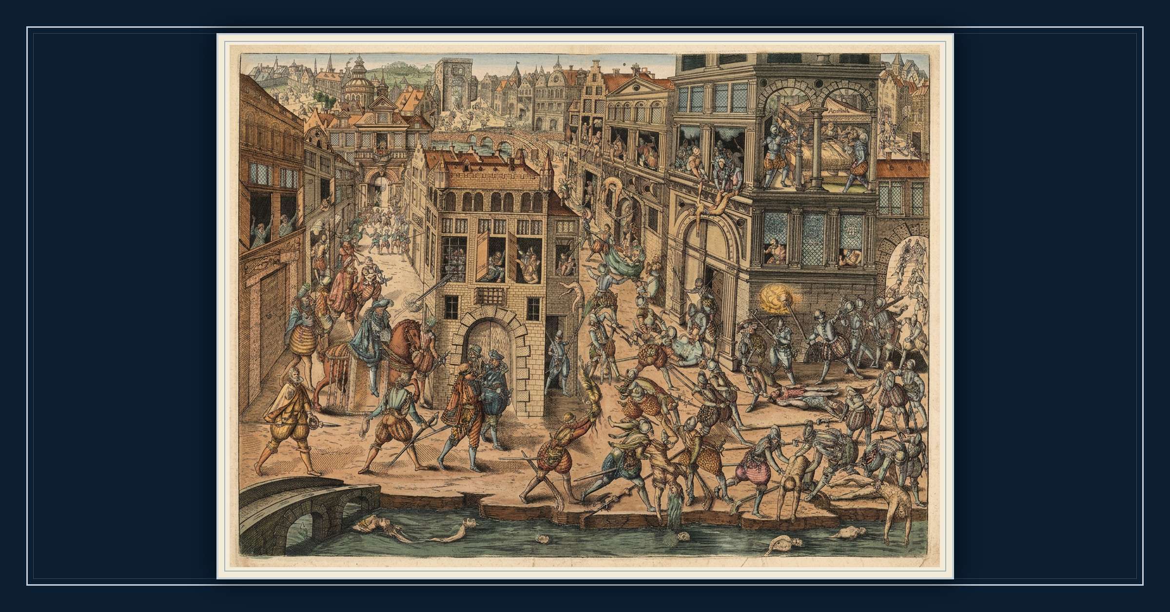 Colorized sixteenth-century engraving of the Saint Bartholomew’s Day Massacre framed on a Reformed Dogmatika navy background