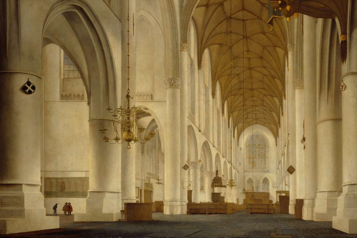 Pieter Saenredam's 1648 painting of the interior of St. Bavo's Church in Haarlem, showing the ordered architecture of a Dutch Reformed worship space.