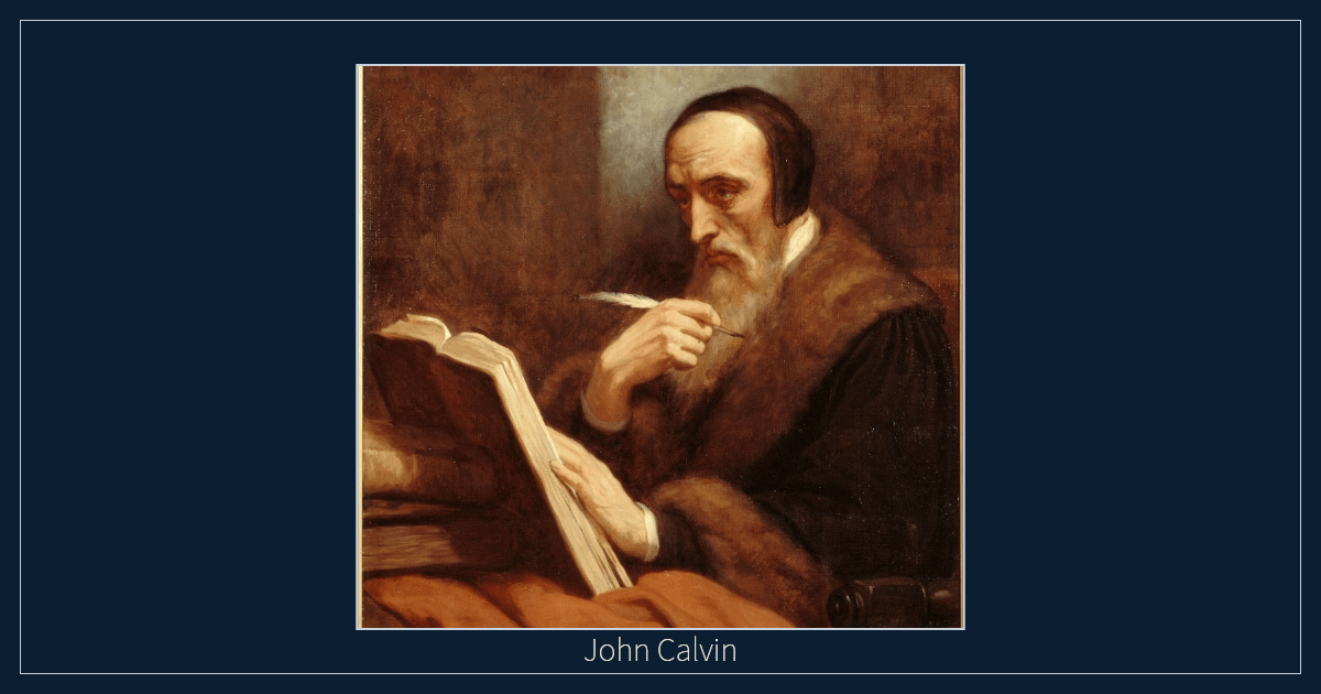 John Calvin, framed on the Reformed Dogmatika navy background with platinum trim.