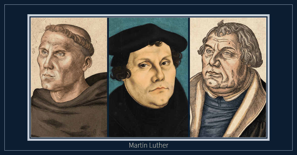 Martin Luther, framed on the Reformed Dogmatika navy background with platinum trim.