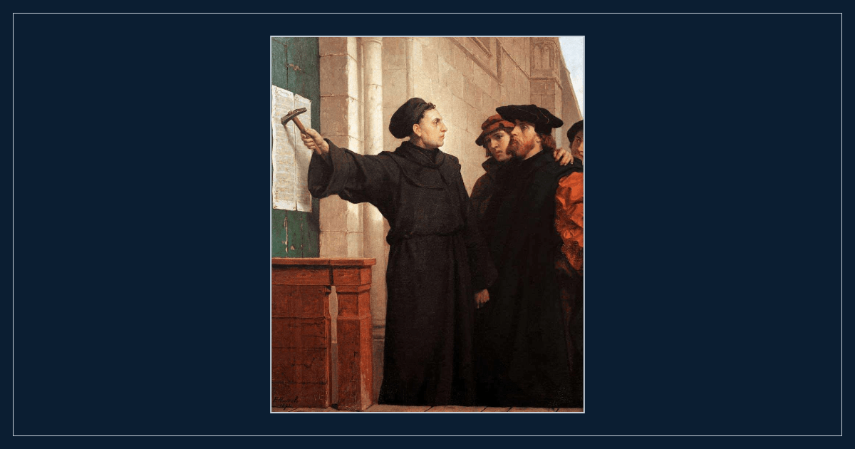 Painting of Martin Luther posting the Ninety-Five Theses framed on an RD navy background with platinum trim