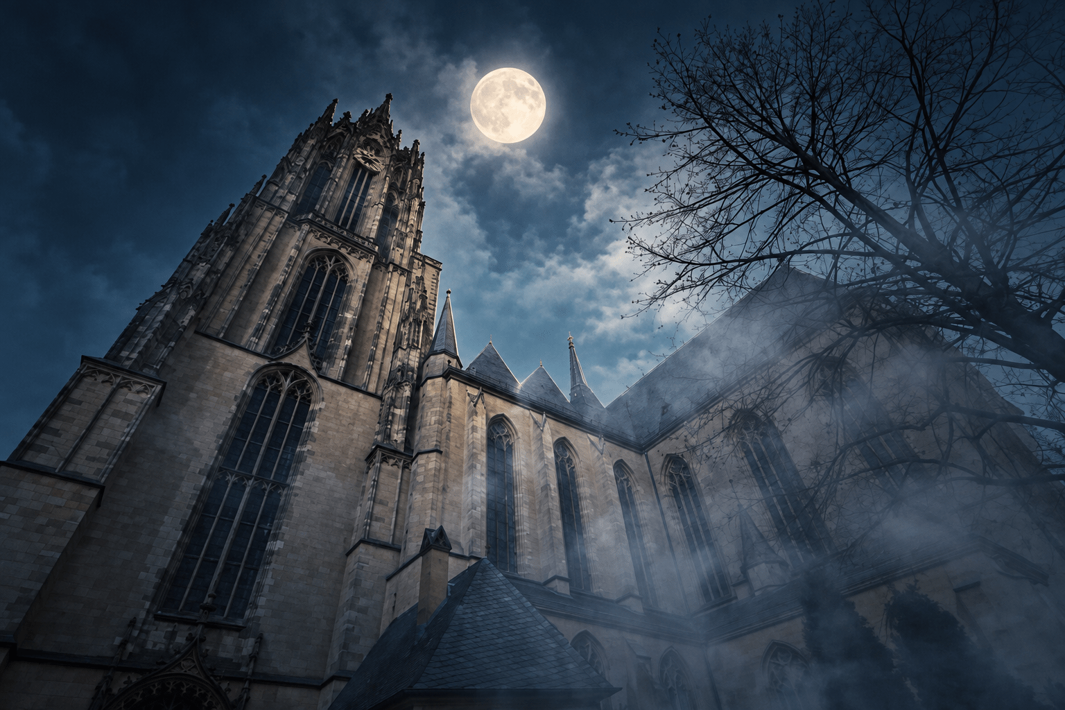 Gothic church under moonlight, with restrained navy and cream color