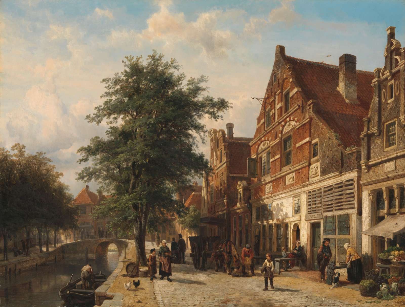 A Dutch canal street with brick houses, shops, townspeople, and a horse-drawn cart.