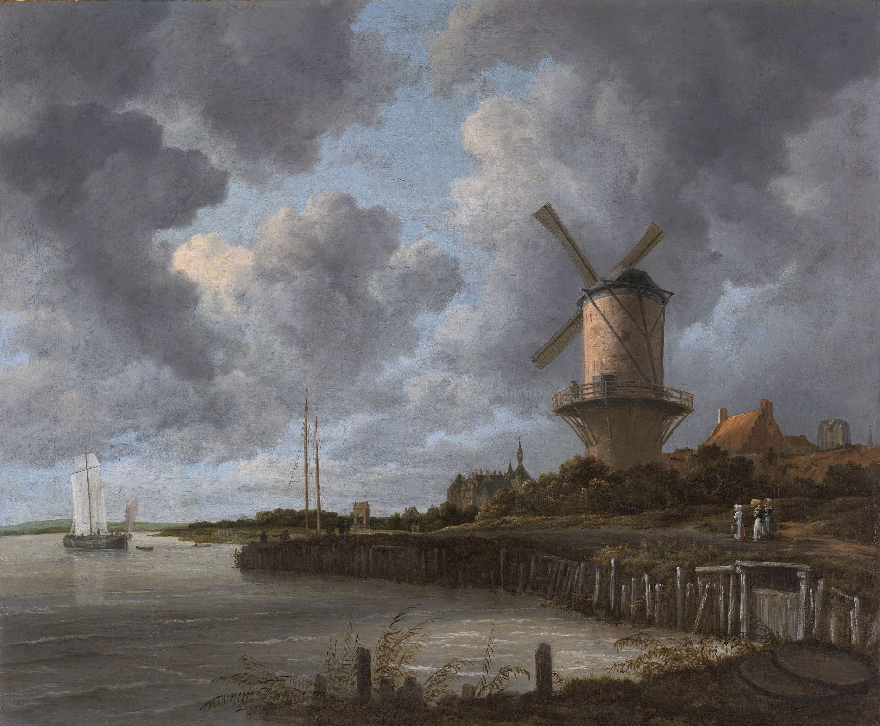 A windmill beside the River Lek beneath shifting clouds, painted by Jacob van Ruisdael.